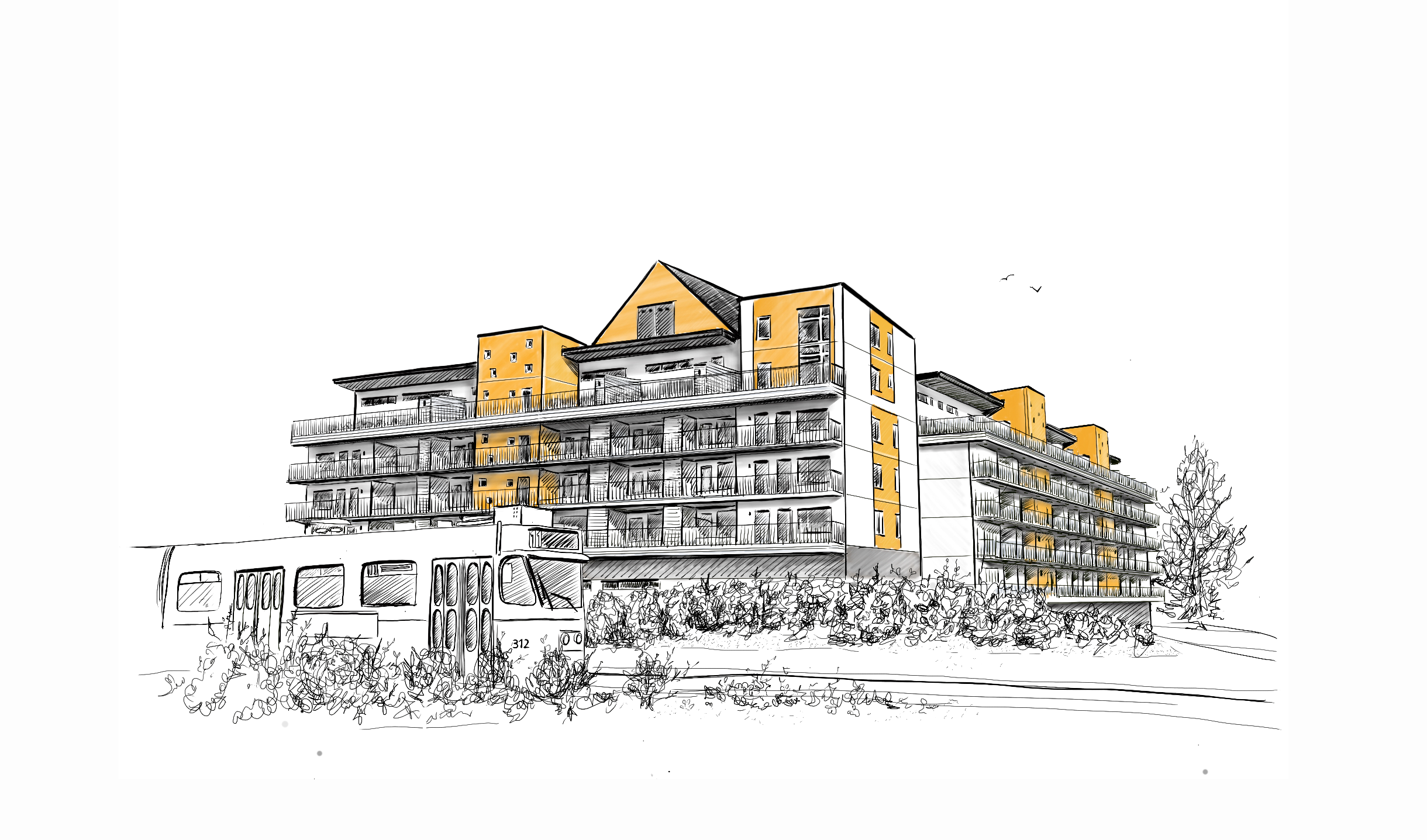 Illustration, teckning Bostadsrättsrföreningen Kvibergs Entré